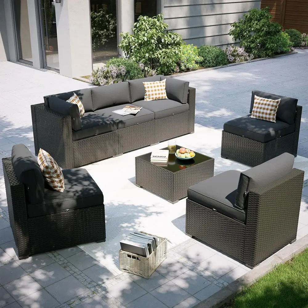 

7-Piece Outdoor Sectional Sofa Set with Waterproof Cover, Wicker Rattan Patio Furniture for Backyard and Garden in Grey