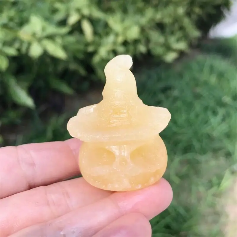 Natural Yellow Calcite Pumpkin Wizard Hat Skull Carving Statue, Faucet for Room Decoration, Holiday Gifts, 1Pc