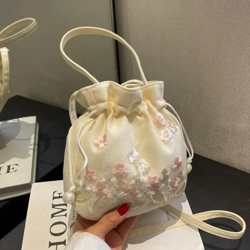 Chinese Style Retro Flower Embroidery Crossbody Top-handle Bags Women Shoulder Lace Drawstring Bucket Bag Coin Purses Handbags