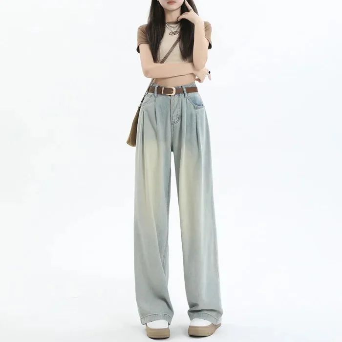 High Waist Wide Leg Cement Grey Jeans Women's Spring Autumn Loose Fit plus Size Vintage Straight Tube Long Trousers