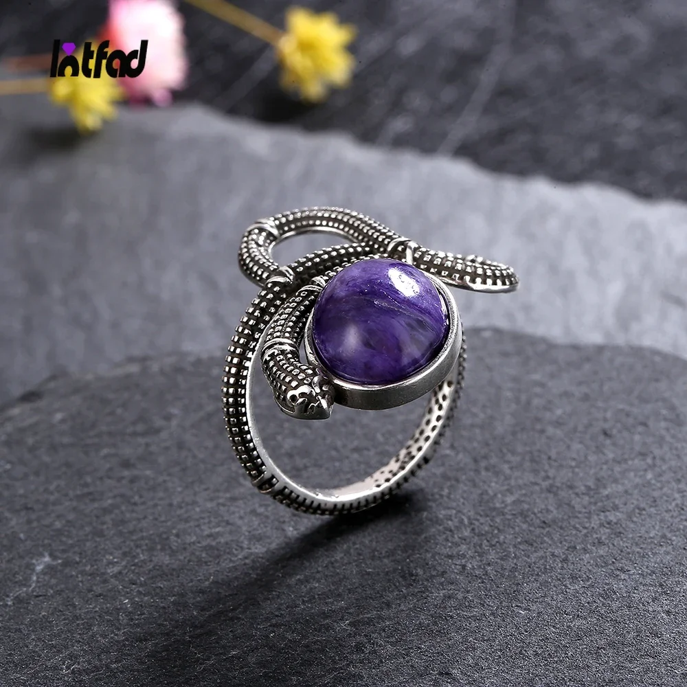 

925 Sterling Silver 10*12MM Natural Charoite Ring Snake Shaped Retro Gift for Women Men Turquoise Moonstone Animal Jewelry