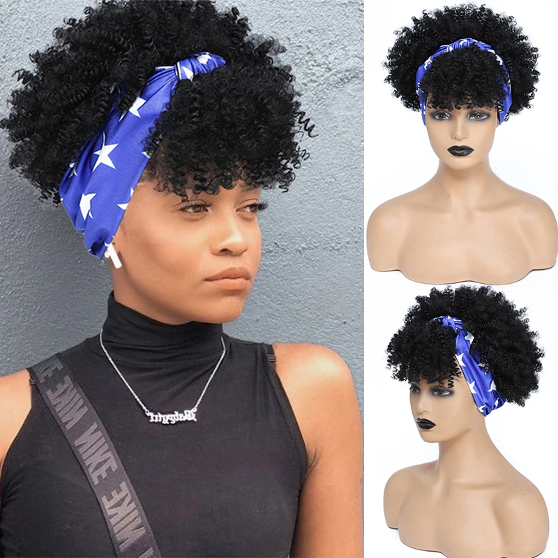 Afro Kinky Curly Headband Wig Short Fluffy Curly Scarf Wig for Black Women Synthetic Hair Headband Wig Cosplay High Temperature