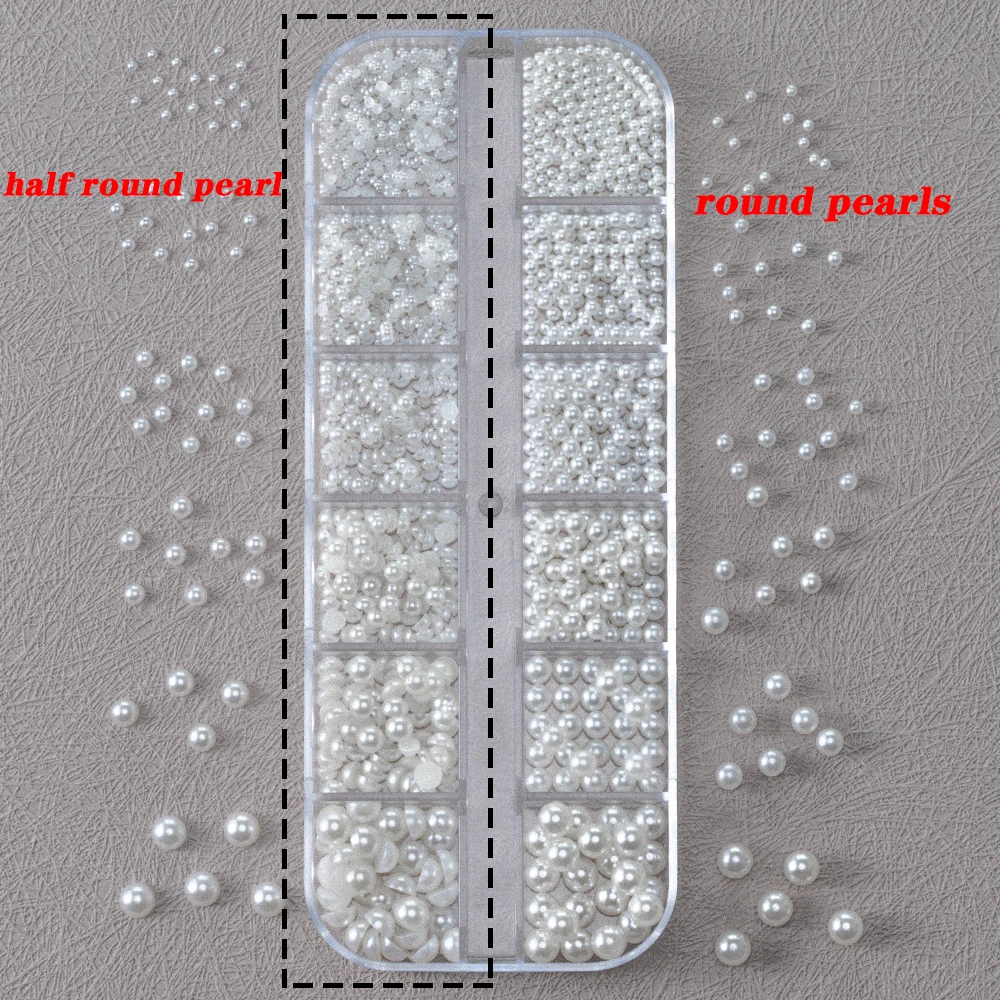라운드 화이트 진주 네일 비즈 네일 참 12칸 (0.15-0.5cm) 캐비어 비즈 네일 보석 반구형 진주 보석 DIY 네일 아트 데코