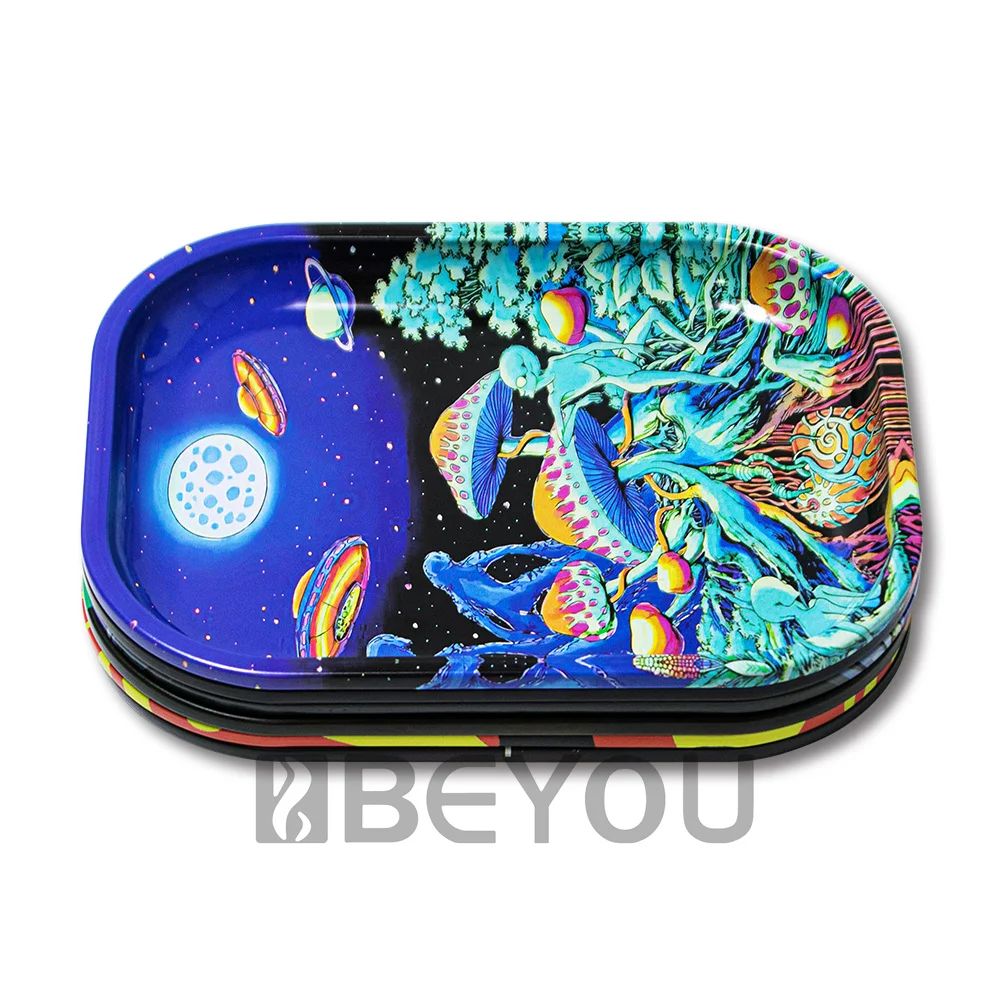 Protable Rolling Tray Magnetic Lid Set Small Metal Smoking Grinder Accessories Tobacco Paper Storage Plate Double Pattern Custom