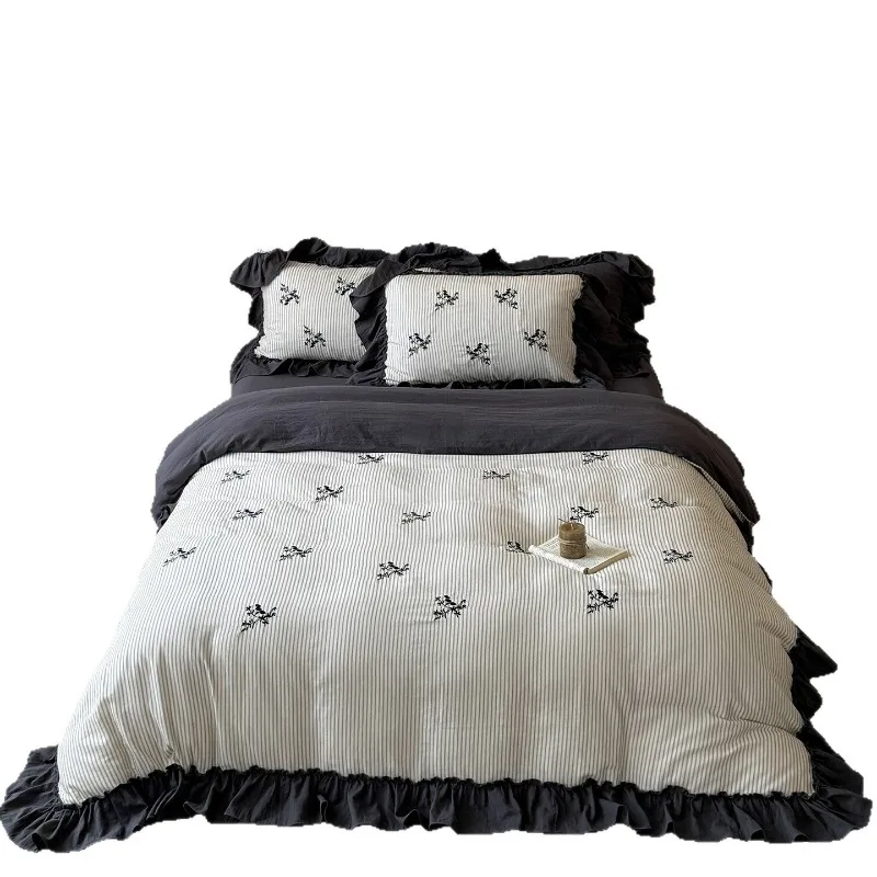 French cotton double yarn four-piece set, wrinkled yarn embroidered lace quilt cover, bed sheet