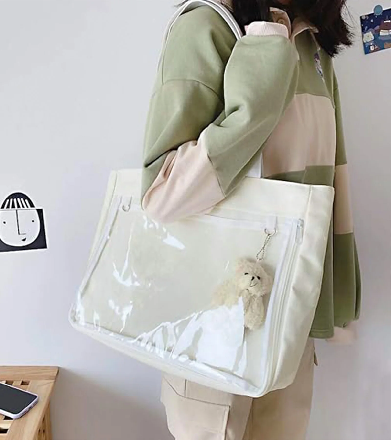 Cute Ita Shoulder Bag com PVC Transparente, Canvas Bag para Display, Cosplay e Uso Diário