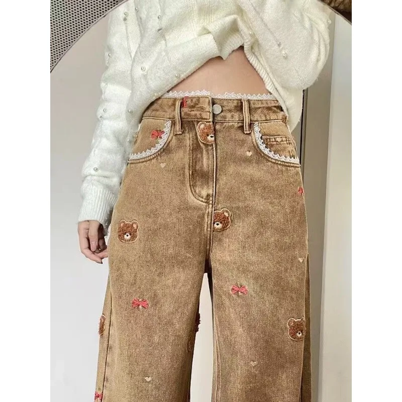 Hohe Taille, lockere Passform, braune Bären-Denim-Jeans, Damen-Sommer-Design-Sensation-Hose mit weitem Bein, bodenlanger Schlankheitswirkung
