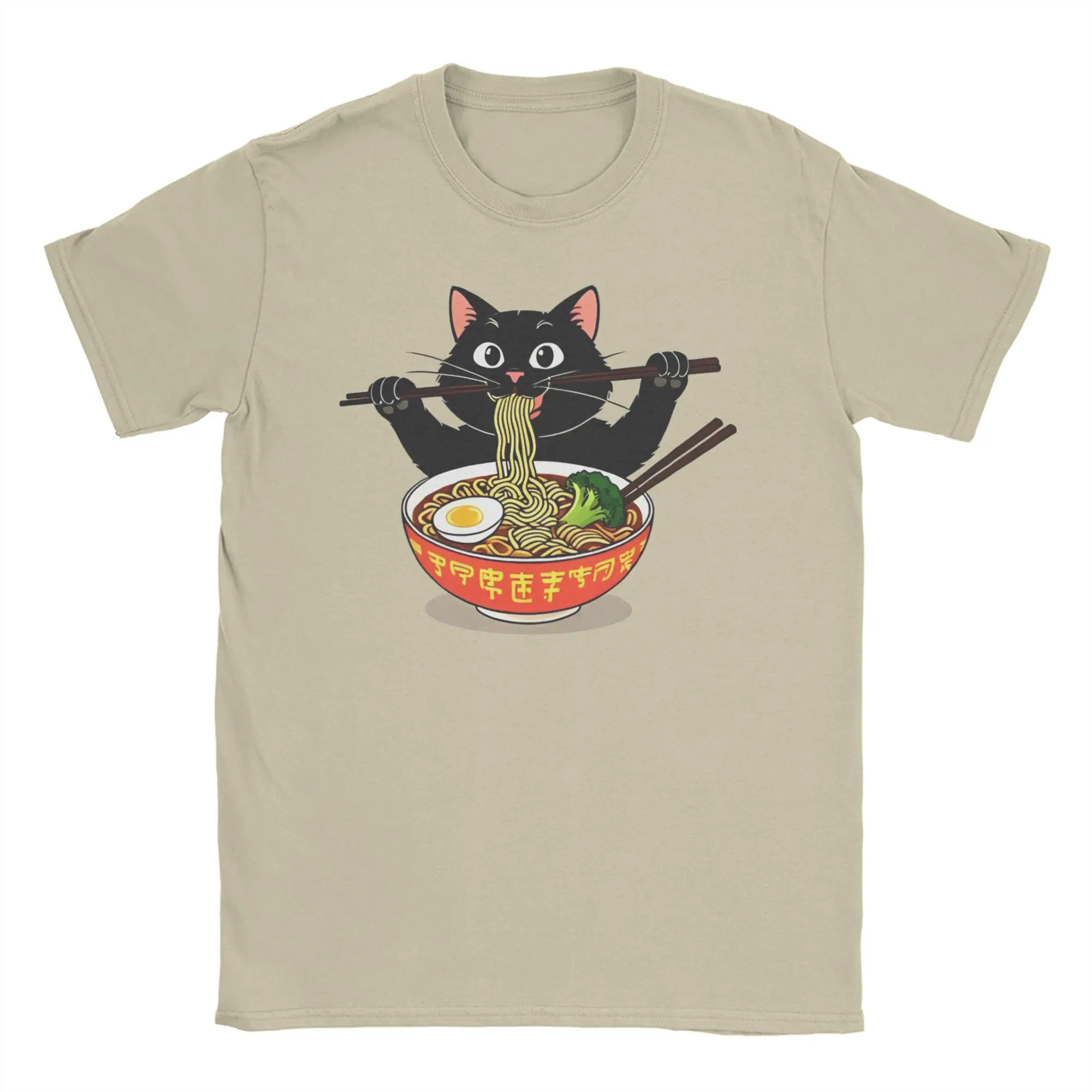 

Мужская и женская футболка, черный кот, ест лапши, рамэн, повседневные футболки из 100% хлопка, футболки с короткими рукавами, топы с круглым вырезом, подарок