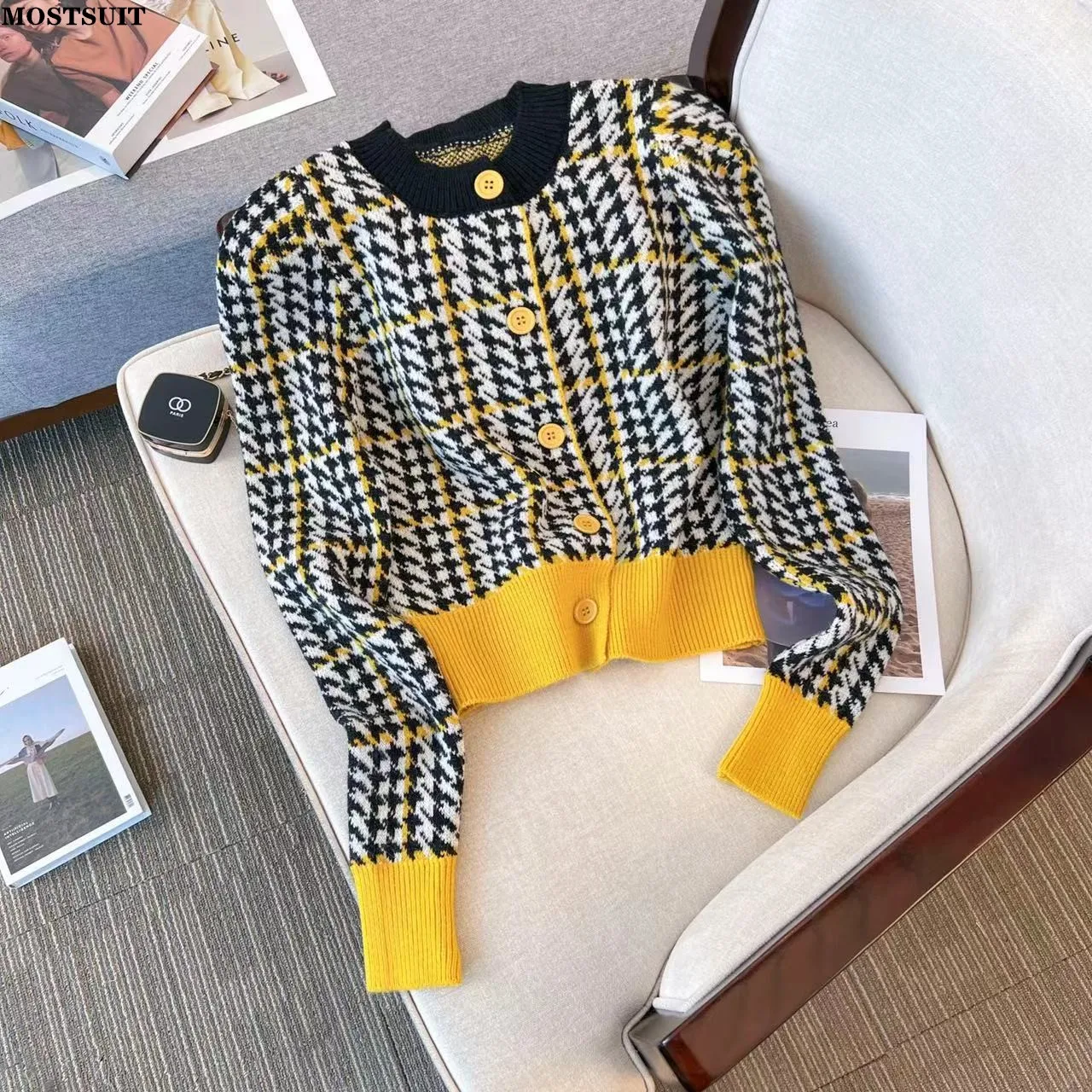 Houndstooth Knitted Sweater Cardigan Women Korean Vintage Contrast Color Knitwear Long Sleeve O-neck Chic Ladies Jumper Top 2022