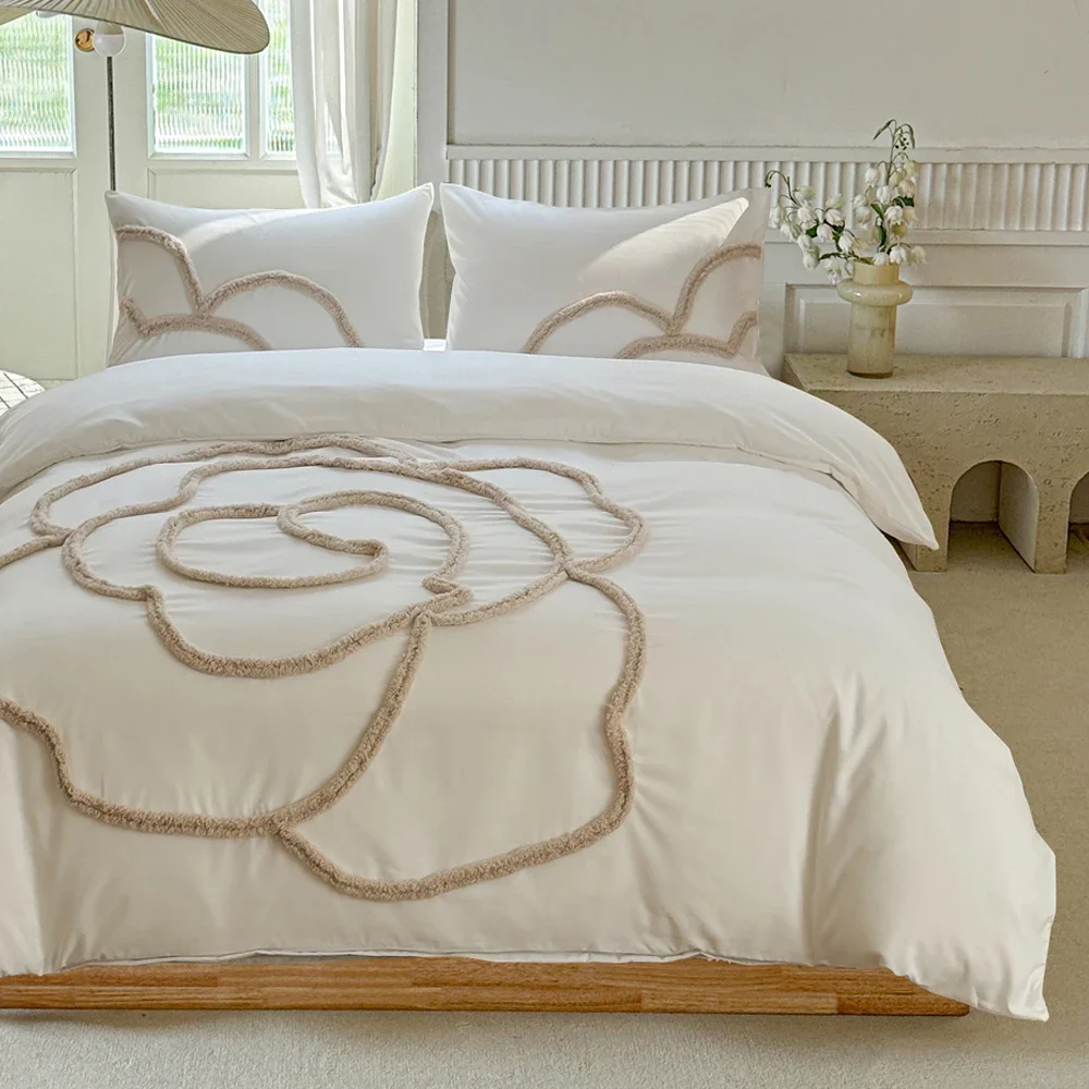 New Tufted Flower Single Double  Duvet Cover Set Simple Embroidered Queen Bedding Set Soft Skin-Friendly Quilt Cover Pillowcases