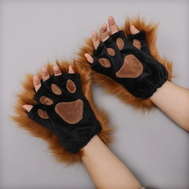 Handmade Plush Cat Paw Gloves Half Finger Lolita Nekomini Cosplay Accessories Cute Kawaii Wearable Claws For Live Streaming
