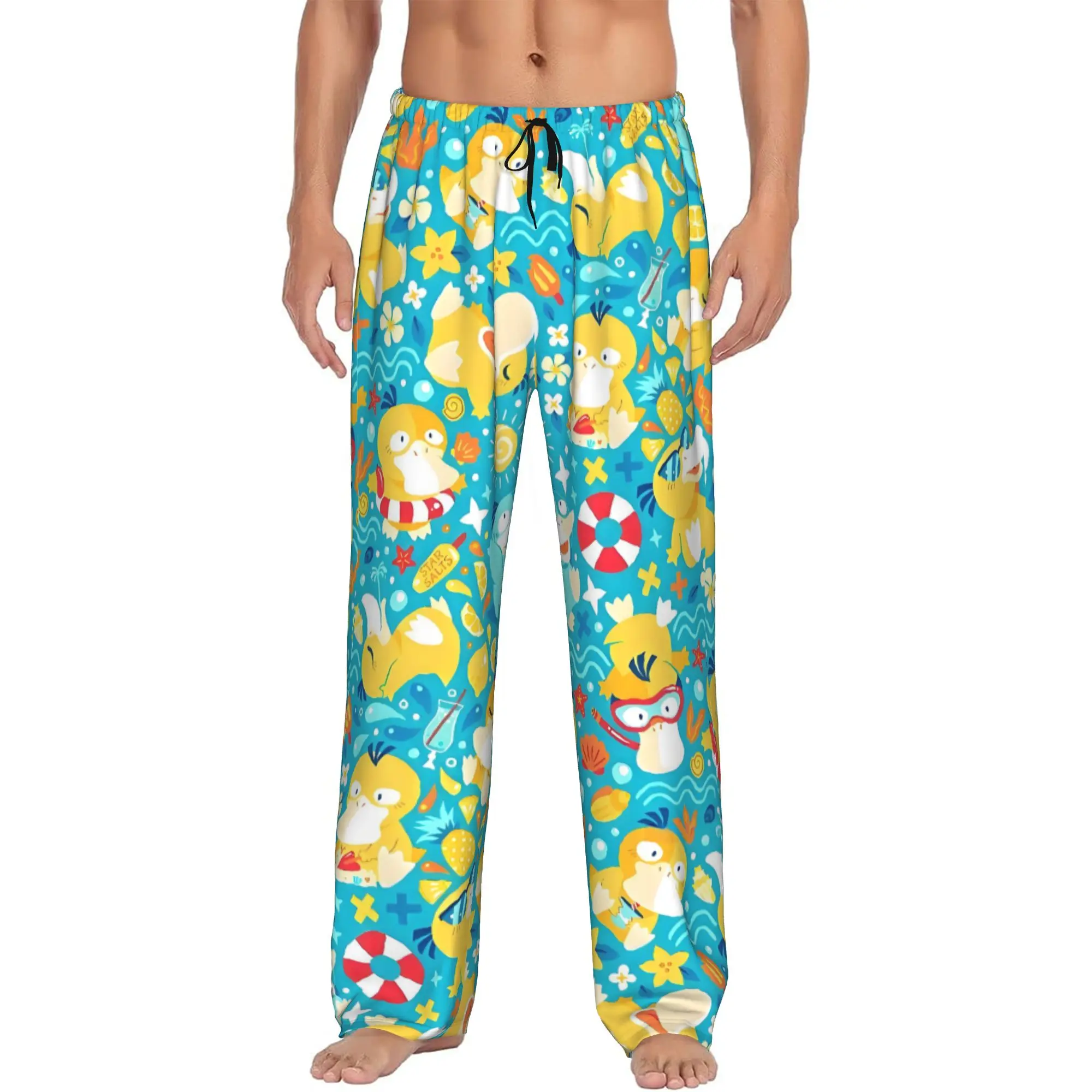Custom Print Men P-Psyducked Cartoon Pajama Pants Animated Film Sleepwear Sleep Lounge Bottoms with Pockets