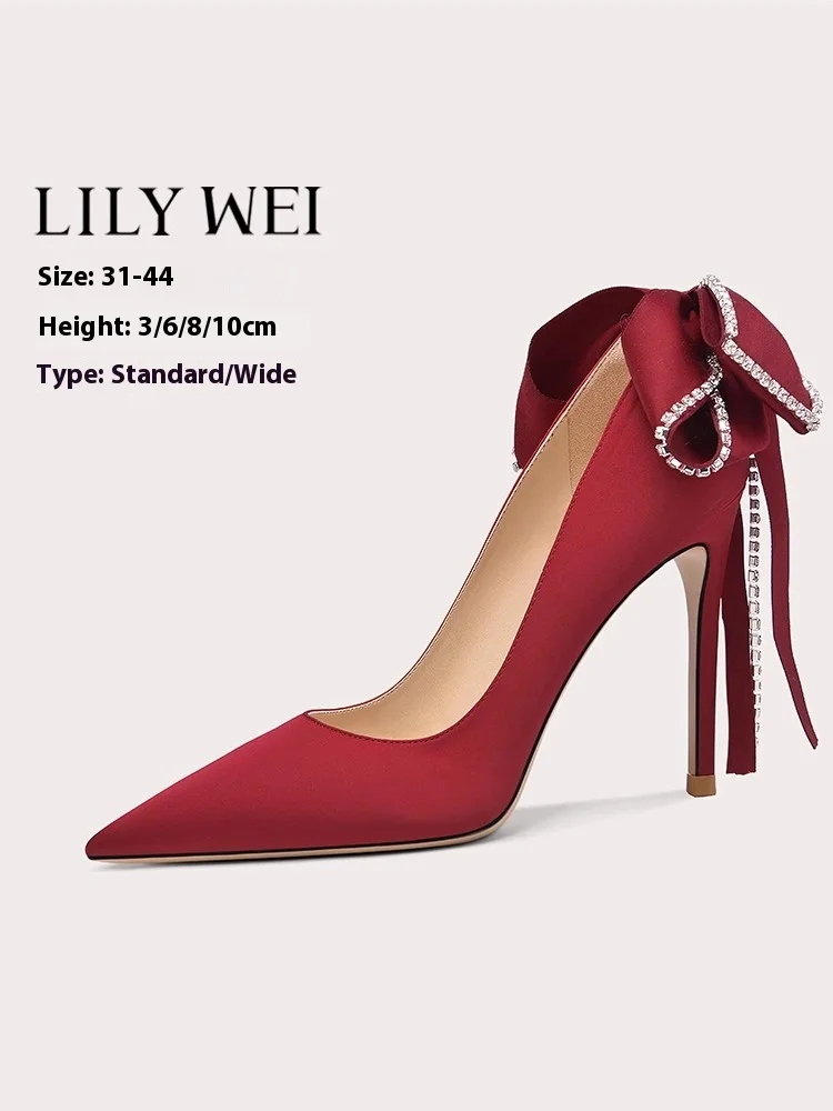 

Stiletto heels autumn new pointed shallow silk rhinestone tassel bow shoes banquet large size small size widened women's shoes