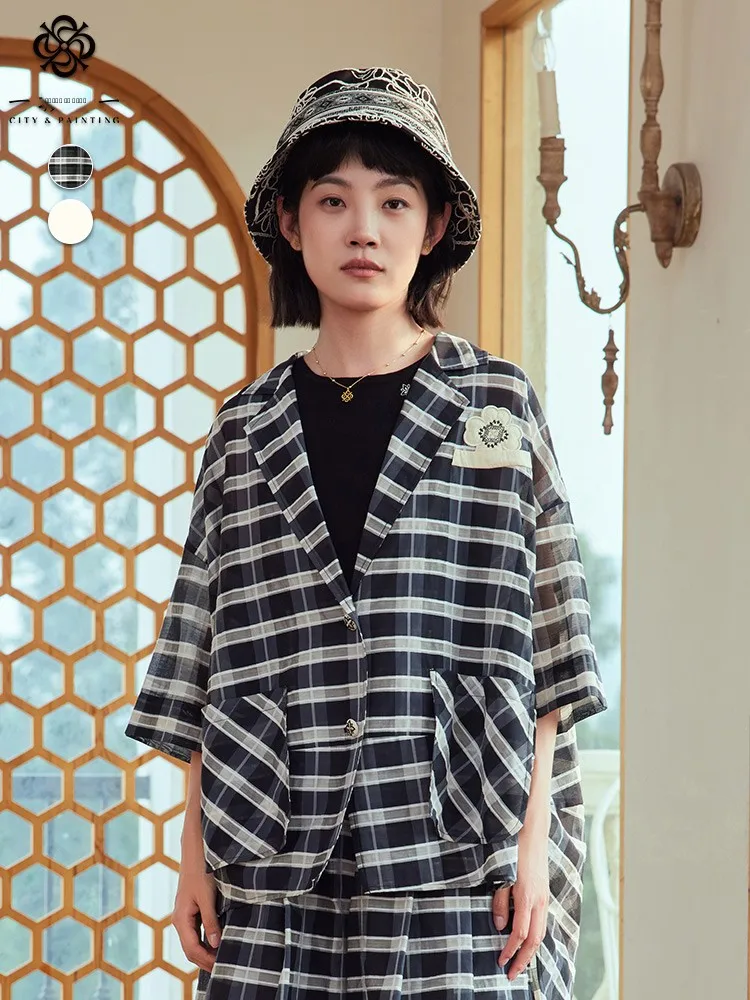 

Loose Fit Embroidered Casual Faion Mid-Length Suit Jaet One Ci One Summer O-aped Sle Cotton Blend Fabric Coat