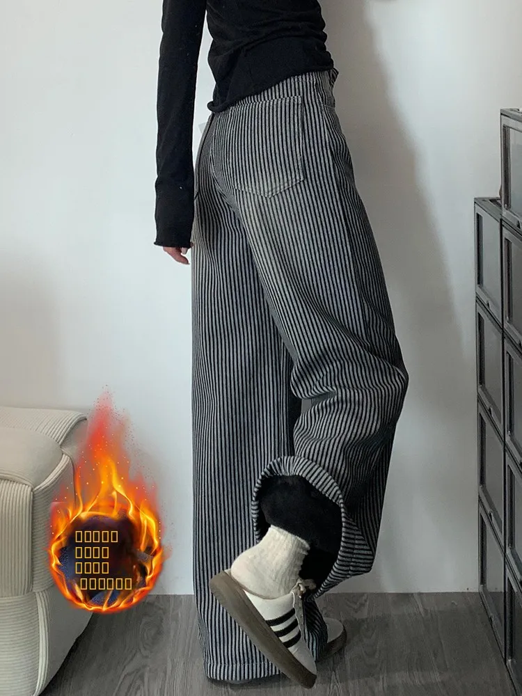 

Утепленные джинсы с флисовой подкладкой, с высокой талией, свободного прямого кроя, широкие брюки для женщин, осень-зима, новинка