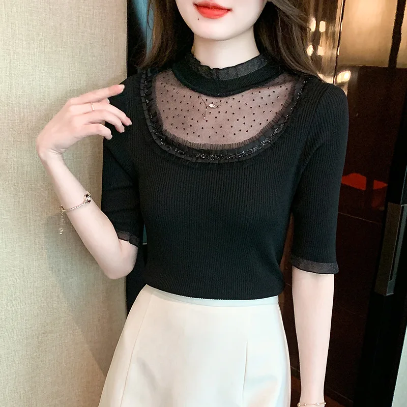 All-Match Lace Stitching Sweater Women's Summer New Elegant Slim Hollow Top