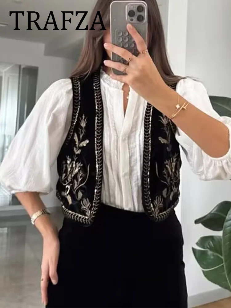

TRAFZA Velvet Symmetrical Design Vests Women Black Embroidered Casual Short Waistcoats 2025 New Spring Women Sleeveless Jacket