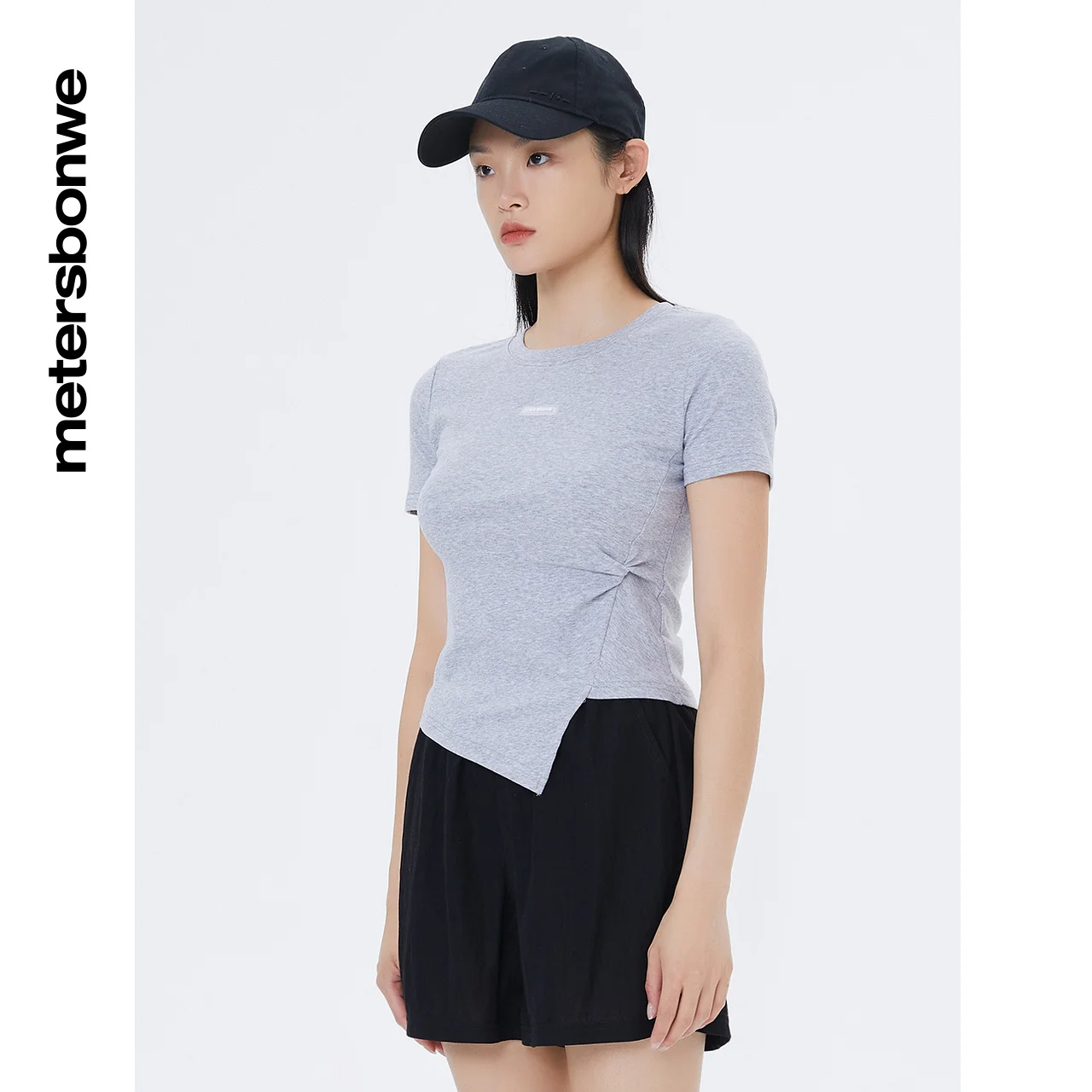 Mertersbonwe-Women's O-Neckline Asymmetrical Hem Tee, Basic Knit Tops, Ladies Slim Shirts, Brand New, 100 Cotton, 2022