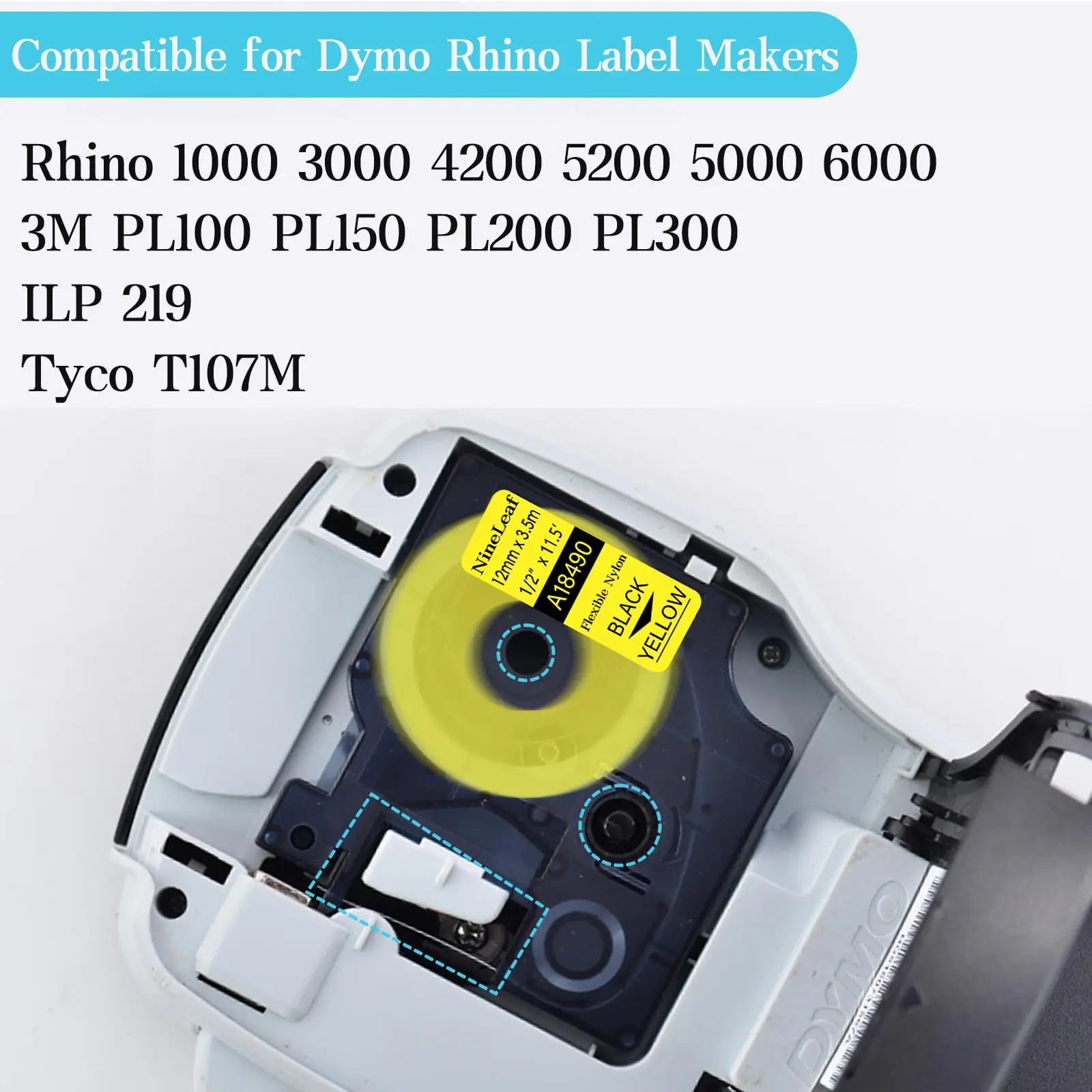 Imagem -03 - Etiquetas de Nylon Flexível Compatível para Dymo Rhino Etiqueta Fita Preto em Amarelo 5200 3mpl300 Impressoras 18490 12 mm 10pk