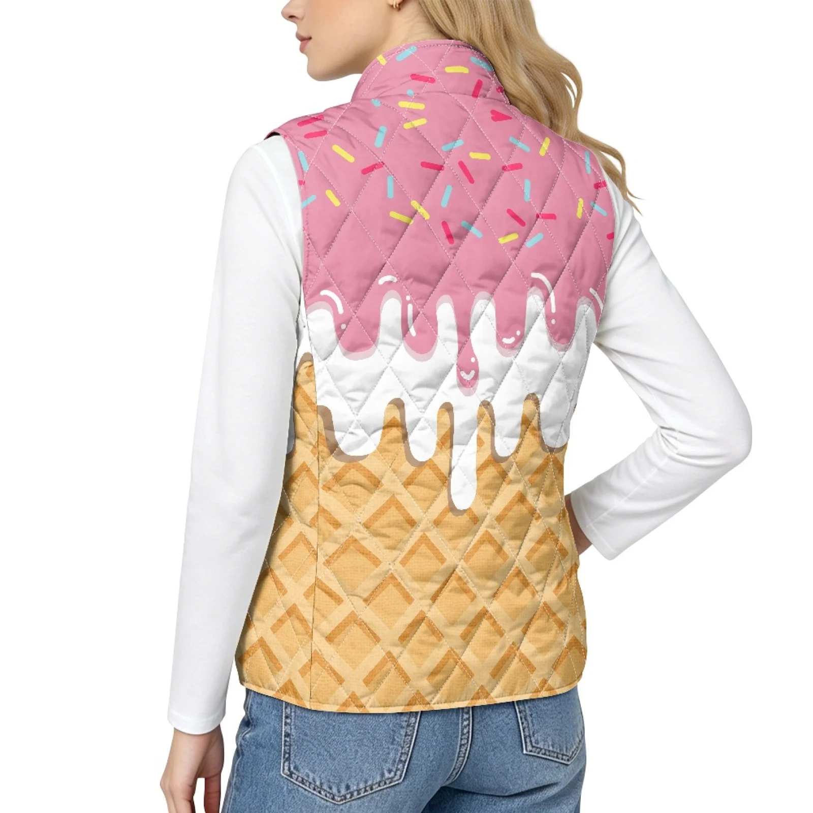 PENSTROLL Ice Cream Print Quilted Jacket Vest for Women Lightweight Women's Quilted Vest Stand Collar Quilted Bodywarmer