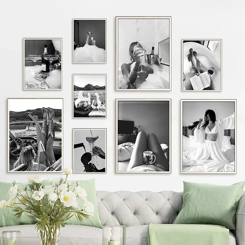 Disco Party Champagne Goblet Bathroom Wall Art Black And White Poster Canvas Paintings Wall Art Pictures Home 