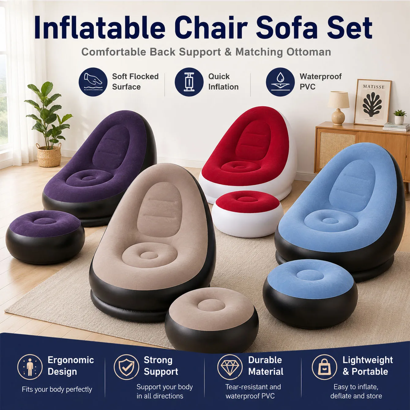 1PC Inflatable Sofa Lounge Chair, Folding Portable Lazy Sofa with Footstool, Inflatable Furniture Without Pump for Living Room