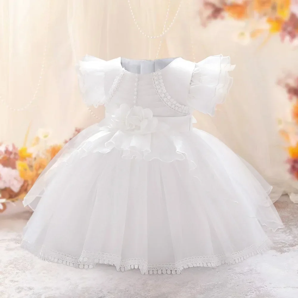 Toddler Party Summer Baby Girl Dresses White Bow Baptism 1 Years Birthday Princess Dress for Baby Girls Floral Wedding Prom Gown