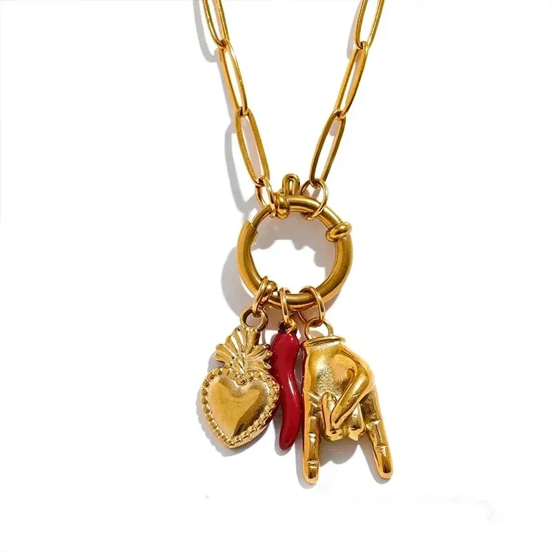 Red Chilly Gold Palm Heart Pendant Women Necklace Korean Chain Red Epoxy Silver Color Option Women Evening Party Jewelry