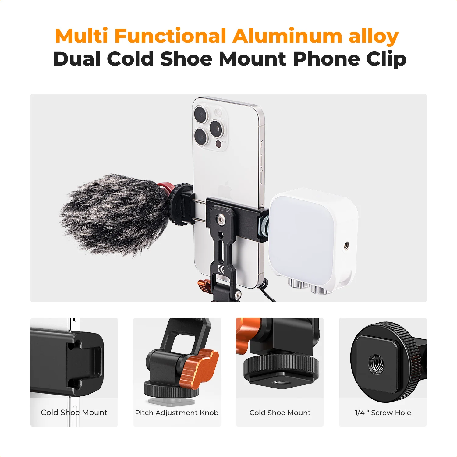 K&F CONCEPT Metal Phone Tripod Mount Universal Smartphone Stand 2 Cold Shoe Mount Adjustable Cellphone Holder for Huawei iPhone