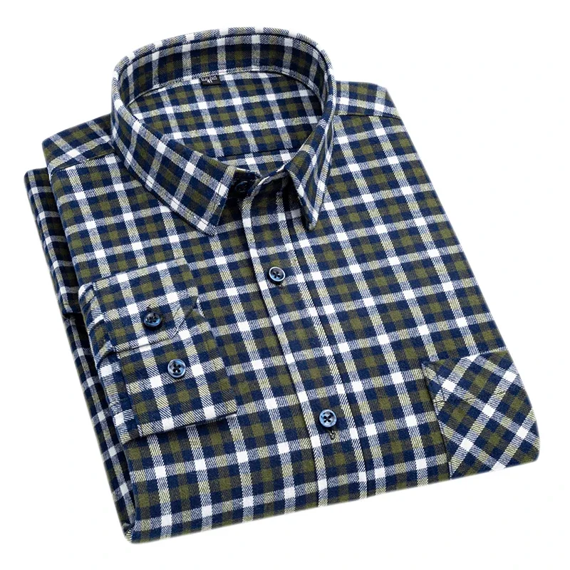 New Flannel Plaid Shirts For Men Spring Cotton Easy Care Non-iron Long Sleeve Casual Clothing Business Smart Dress Top Shirts