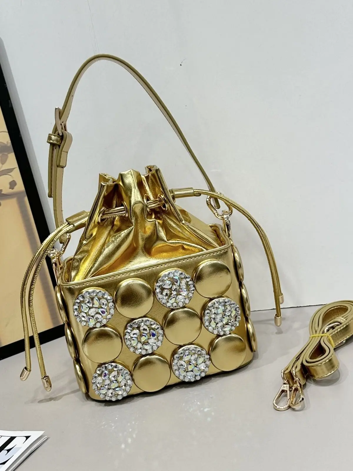 

Fashion Light Luxury Women Cylinder Bag Lucky Bag Rhinestone Button Handbag Shoulder Crossbody Bag