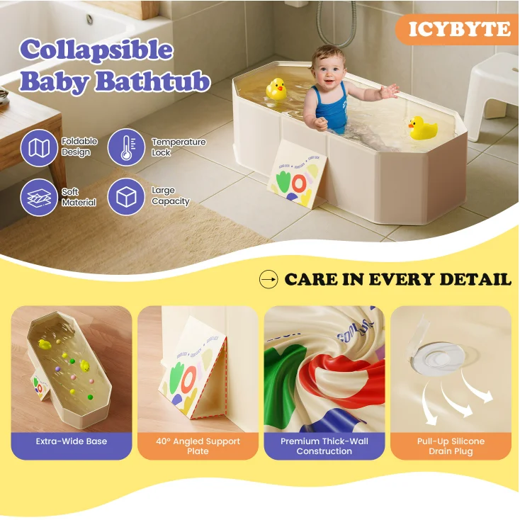 

Foldable Bathtub for Kids Bath Tub with Drain Plug Foldable Baby Shower Tub Portable Bathroom Pool Cat Dog Wash Shower Basin