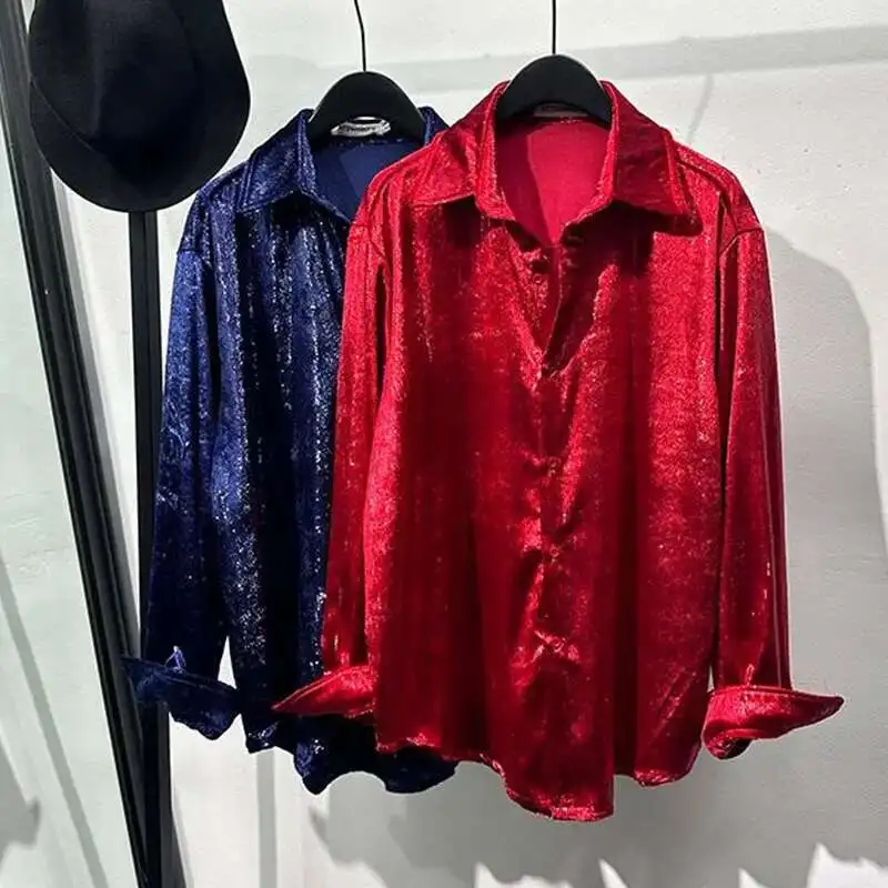 PFHQ قميص رجالي معدني عصري متخصص ترتر 2025 بياقة مقلوبة صدر واحد بلون واحد ملابس علوية للرجال 21E1731 #3