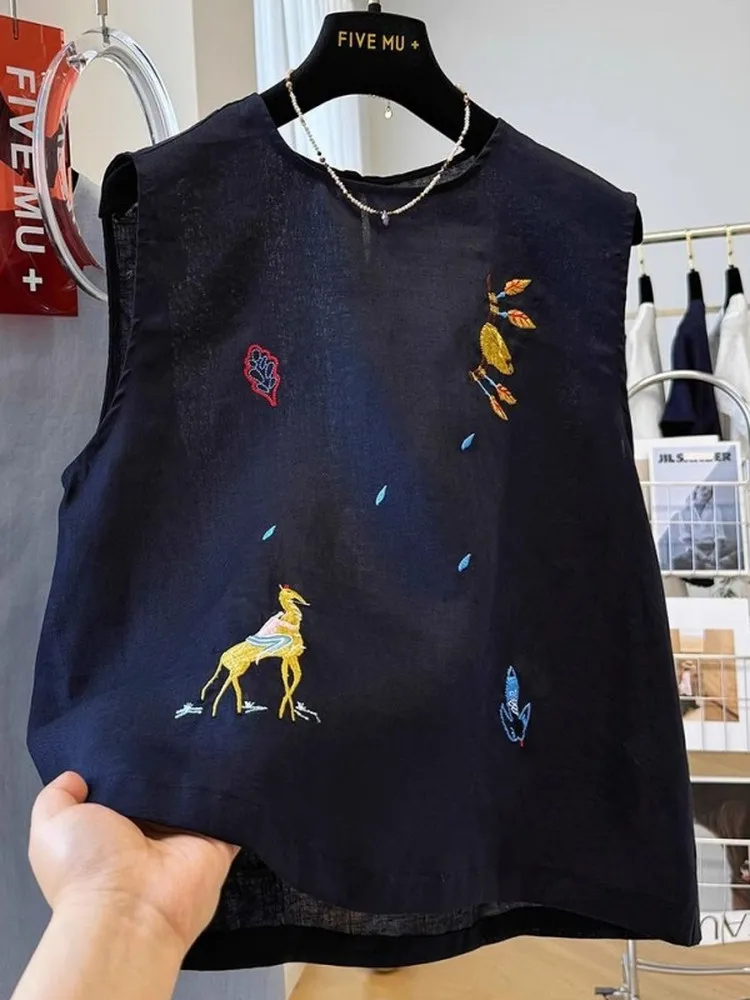 

Heavyweight 300 Pou Embroidered Linen Svel irt Vest Men's Summer Korean Sle Vest Top American Sle round Ne