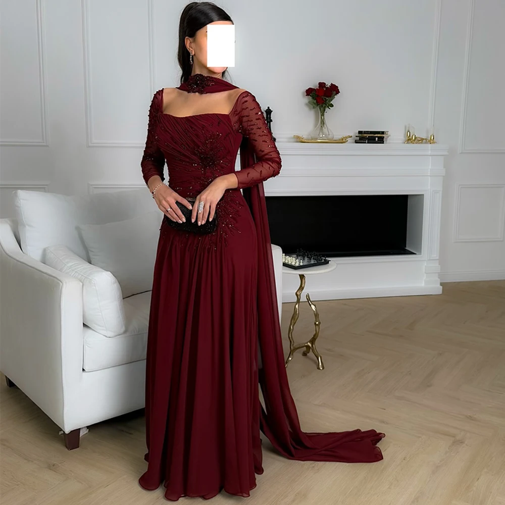 

Soft Burgundy Chiffon Evening Dress Customized Square Collar Long Sleeves Prom Dresses Sparkly Sequined Beading Party Gowns