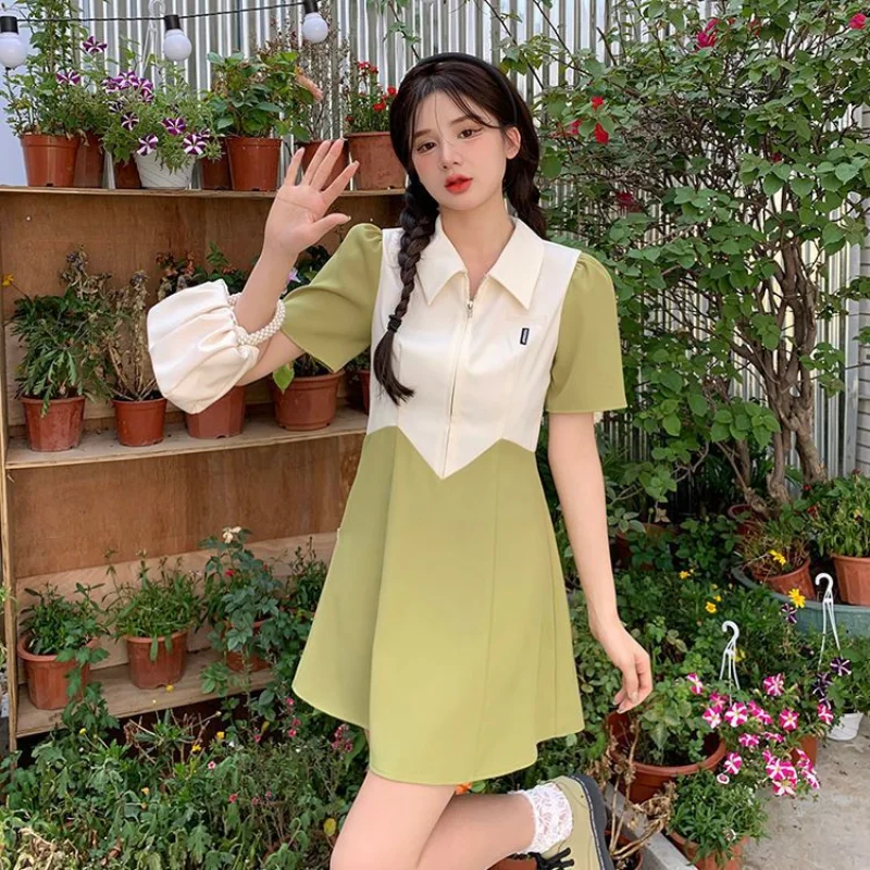 Short Sleeve Dresses Women Design Panelled Split A-line Summer New Aesthetic Clothing Harajuku Daily Streetwear Mujer Vestidos