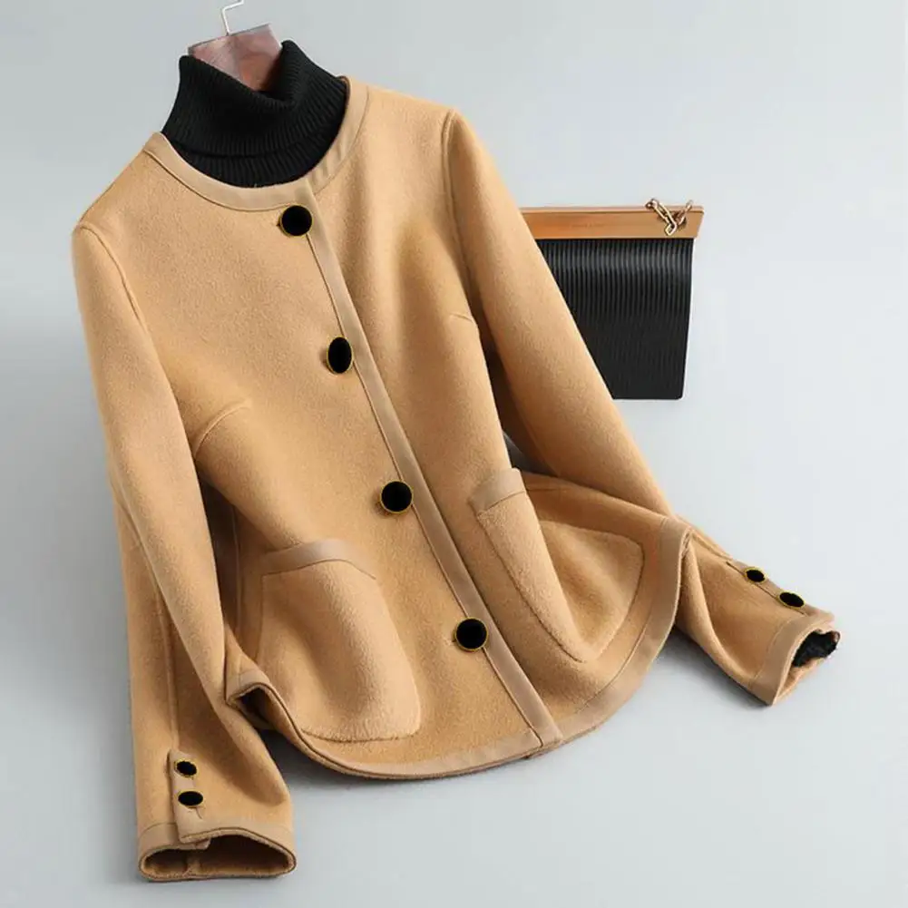 

Fall Winter Women Coat Round Neck Single-breasted Color Matching Cardigan Long Sleeves Loose Button Decor Short Type Knitted Jac