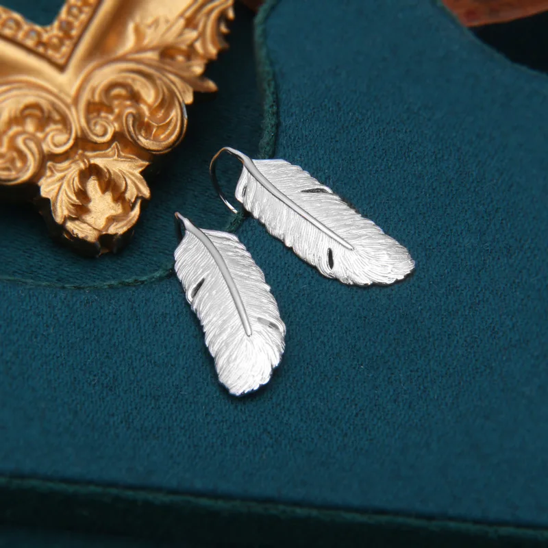 s925Women's Sterling Silver Feather EarringsinsSpecial-Interest Design Leaves Ear Hook Men's Trendy Fashion Indian Style