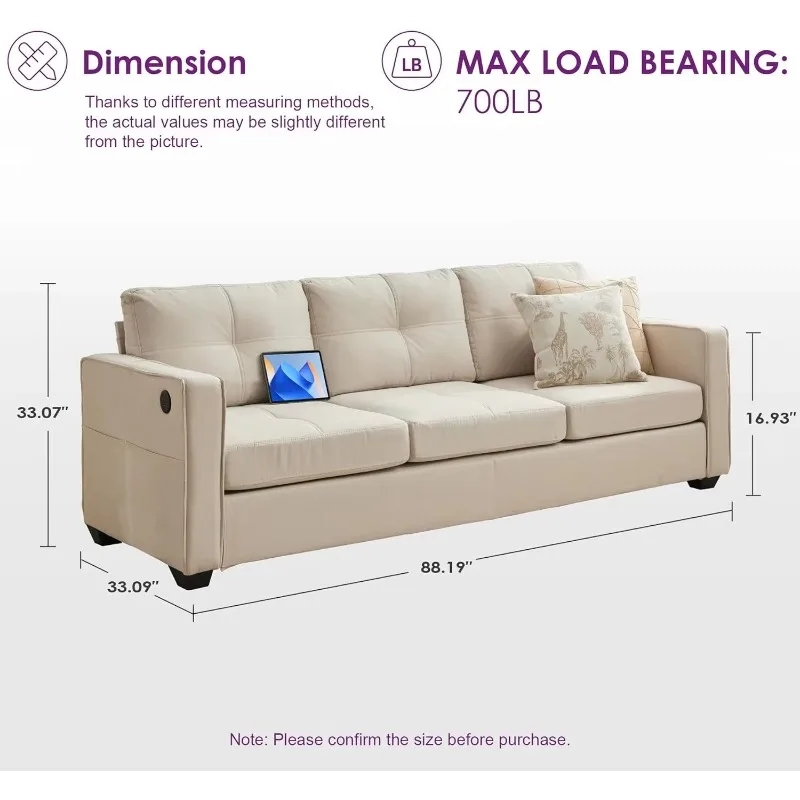 Modern Sofa Couch, Fabric Linen Deep Seat Mid Century Couches w/ 2 USB Charging Ports and Upholstered Cushions (Beige Chenille)