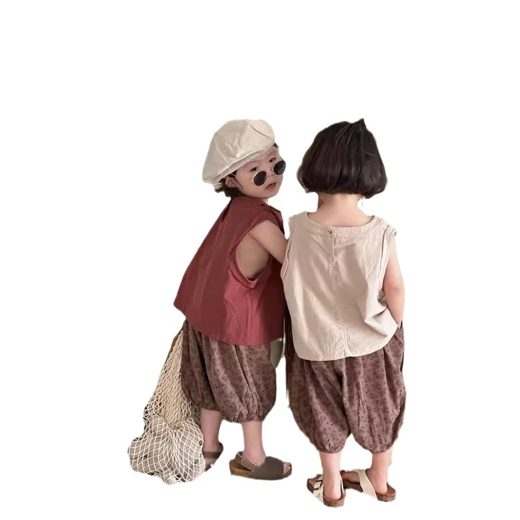 الصيف شقيق شقيقة نظرة الكورية الشاش الصلبة طفل الفتيات أكمام بدلة علوية الأزهار المطبوعة اقتصاص السراويل الزي الأشقاء الملابس #5