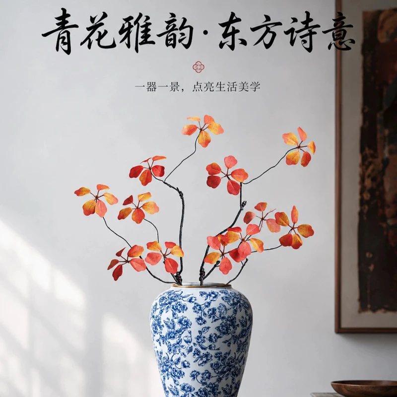 Jingdezhen Blue White Vase, Interlocking Lotus Pot, Retro Living Room Floral Arrangement, Water Culture Elegant Home Table Decor