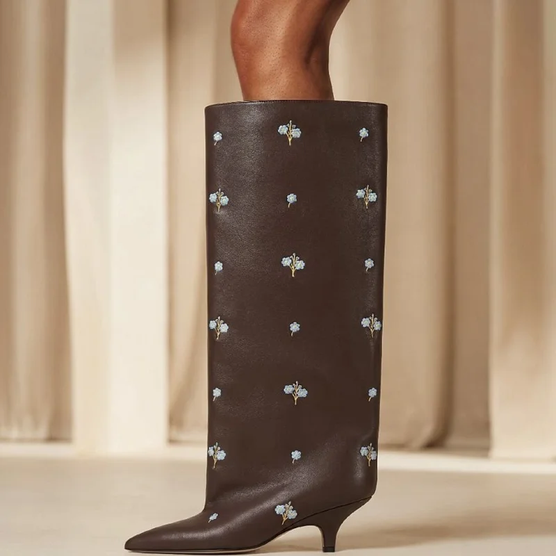 Flower Print Patchwork Knee High Boots Sexy Pointed Toe Thin Heels Leather Custzomized New Arrivals Fashion Women Modern Boots