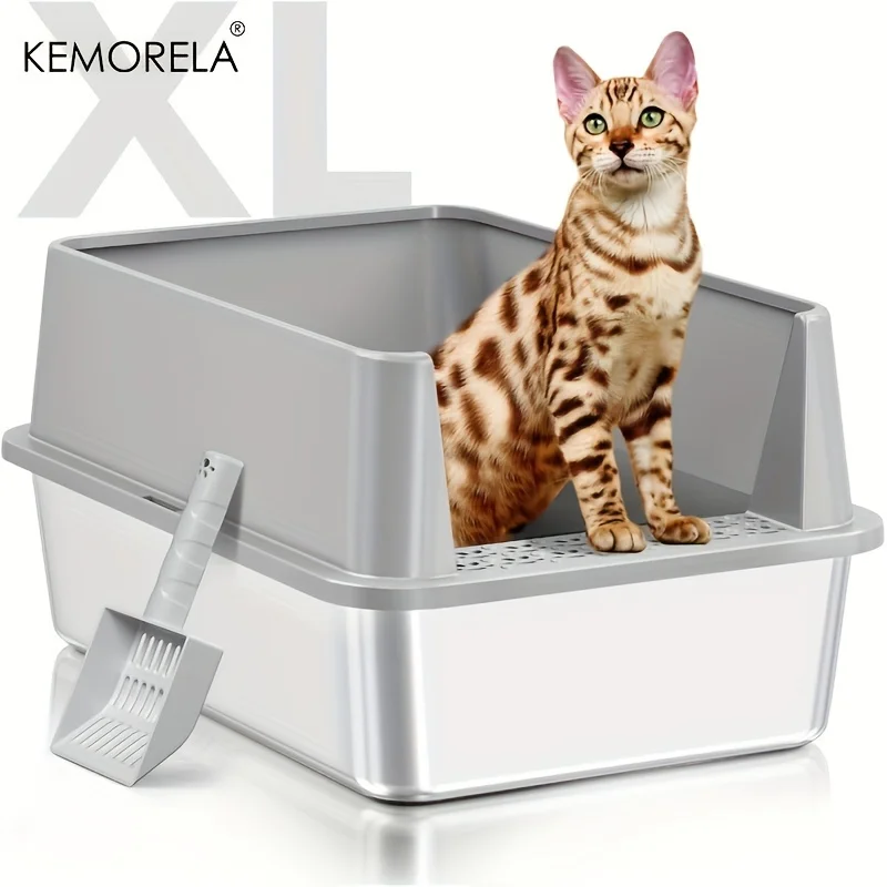 

Super Large XL Stainless Steel Litter Box With Lid High Side Suitable For Large and Small Cats RemovableOdorIncluding Spoon
