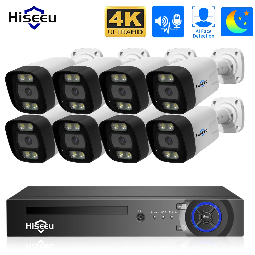 Hiseeu 4K POE Sistema de câmera de segurança AI Detecção facial 8MP 8CH CCTV NVR H.265 P2P AI Vídeo Câmera IP externa Conjunto de vigilância