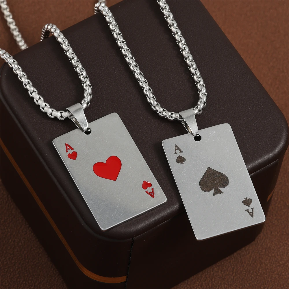 ZAKOL 2 Piece Set Hip Hop Rock Poker Playing Card Spade Heart Necklaces For Men Women Silver Color Clavicle Chain Choker Jewelry