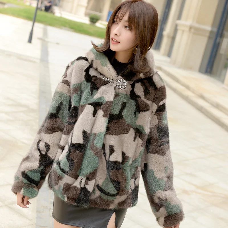 fur coat overall jacket Mink long fur 2023 women's clothing outerwear jacket coats winter new hooded fashion camouflage