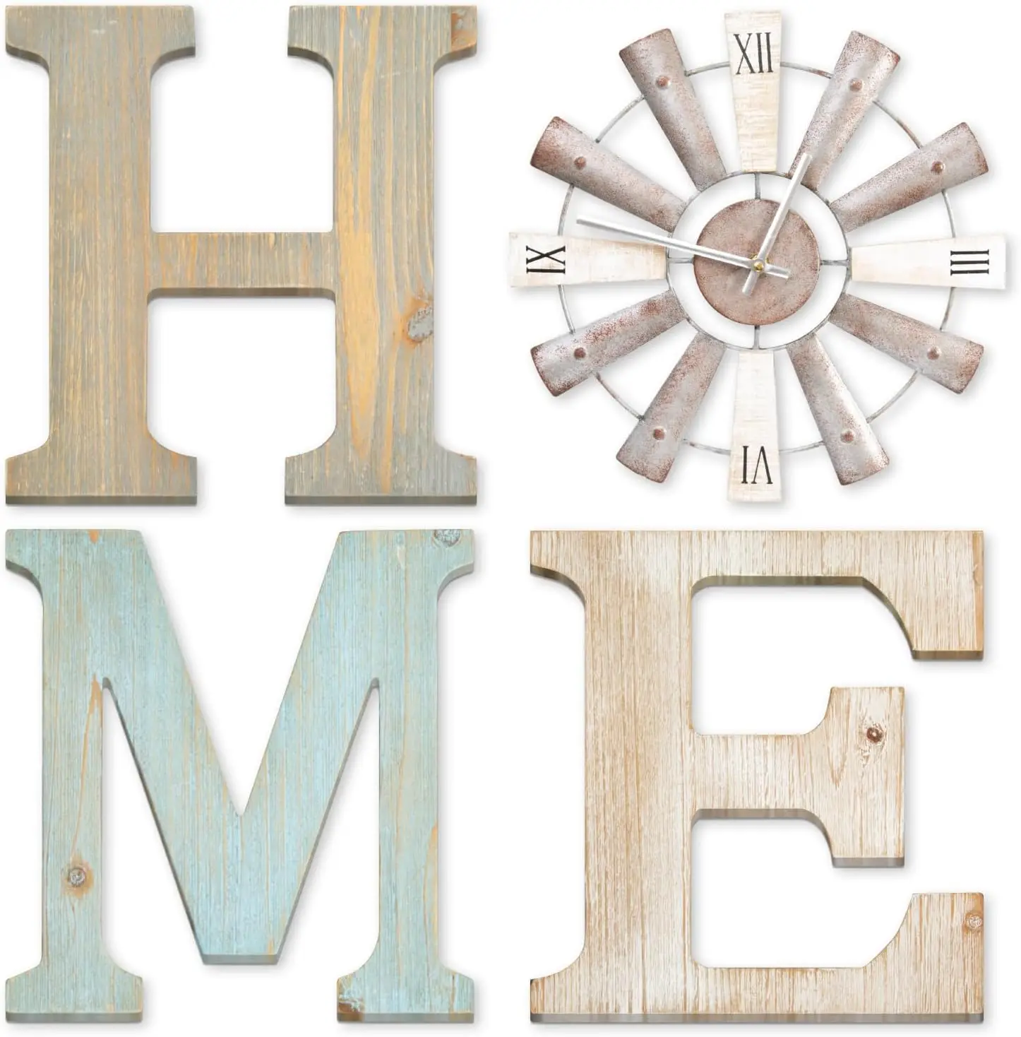 

Farmhouse Wall Decor with Windmill Clock & Letters, Rustic Mix-Color Signs for Living Room & Kitchen