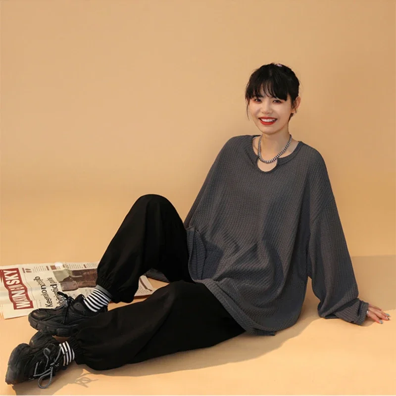 Sweat à capuche sans chapeau pour femmes, couleur unie, gaufré, manches longues, fin, printemps-automne, Chic, ample, fente latérale, assorti avec tout, Ins, mode étudiants