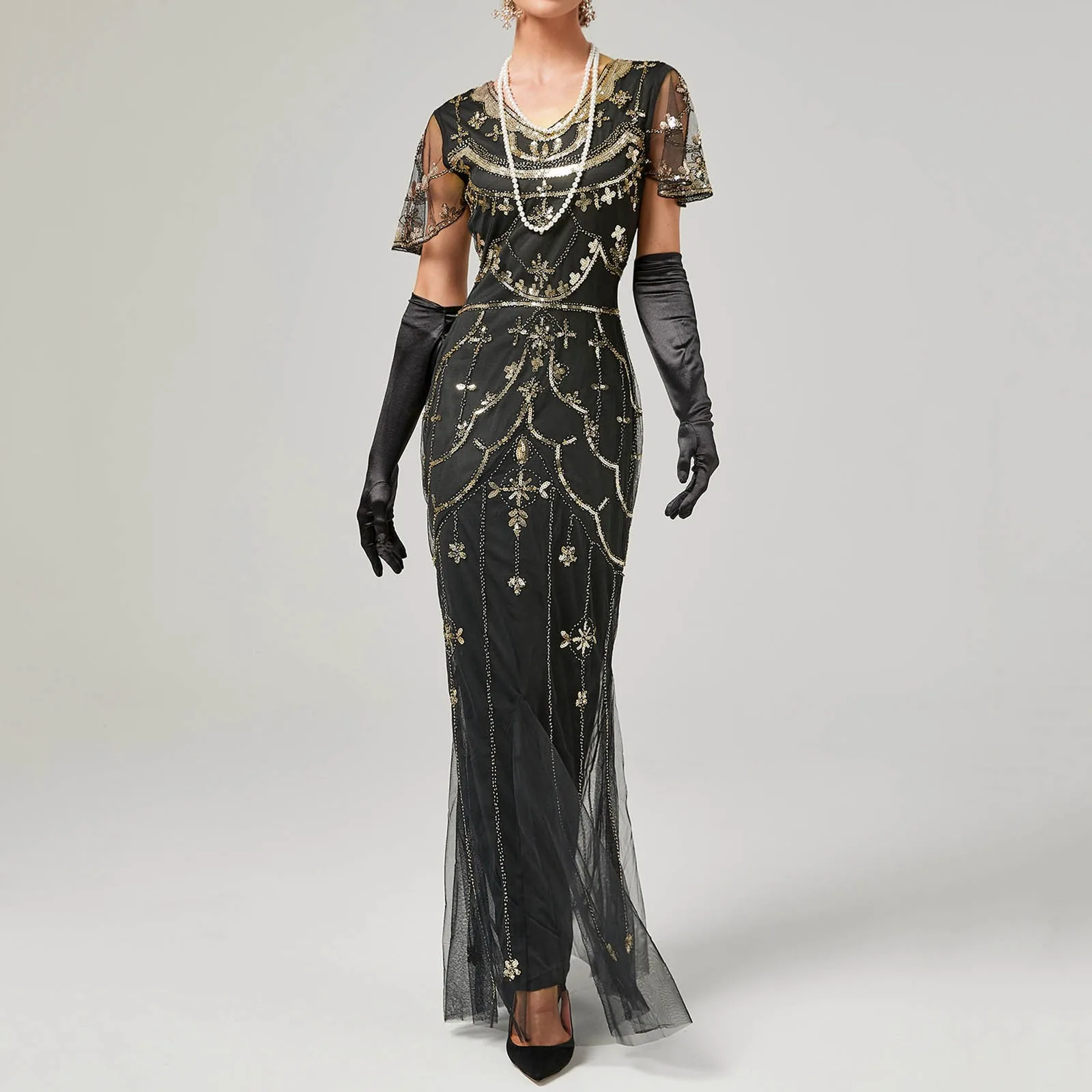 Dames 1920S Vintage Grote Gatsby Jurk V-Hals Korte Mouw Kralen Pailletten Maxi Jurk Art Deco Flapper Mesh Lange Jurk Voor Feest