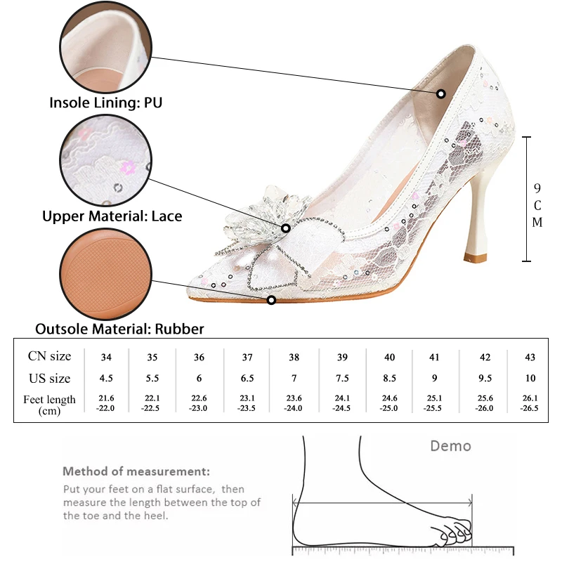 GMQM Women's White Stiletto High Heeled Shoes Pointed Toe Lace Mesh With Decor Rhinestone Flower For Dress Tall Wedding Spring